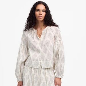 NEW MADEWELL Shirred Balloon-Sleeve Top‎ in Geometric "Lighthouse" Print SIze XL